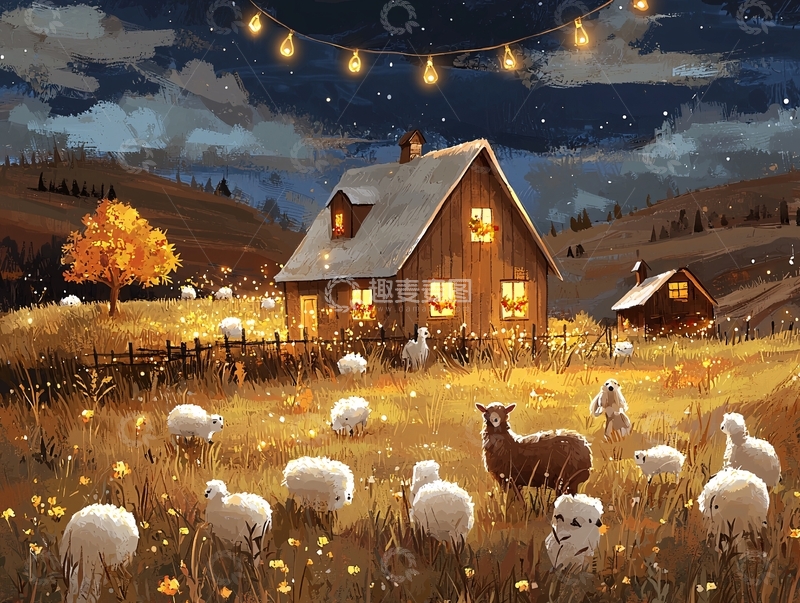 高清大图下载【趣麦麦图】夜幕下的田园小屋与羊群