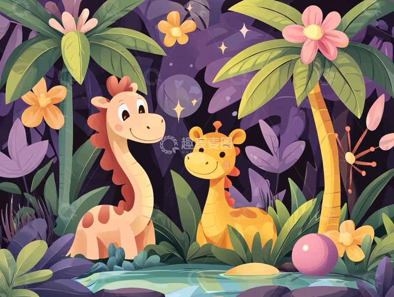 高清大图下载【趣麦麦图】可爱长颈鹿在热带丛林中