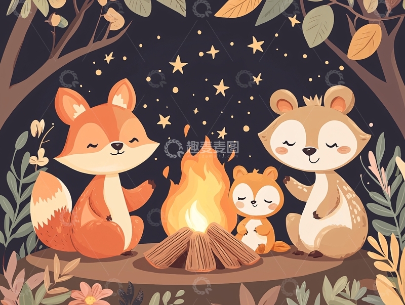 高清大图下载【趣麦麦图】狐狸篝火夜晚星星卡通