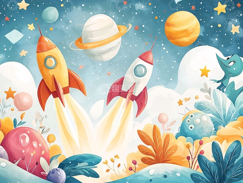 高清大图下载【趣麦麦图】卡通火箭宇宙星空背景