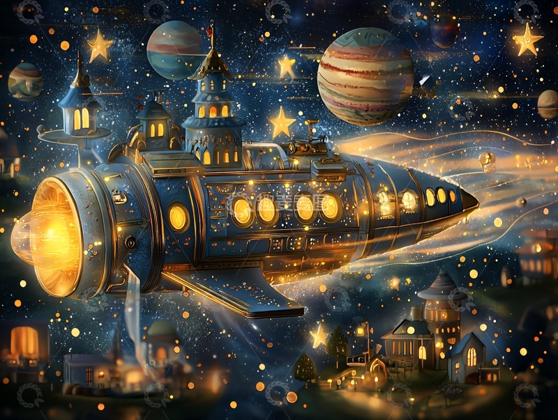 高清大图下载【趣麦麦图】星空飞船城市夜景