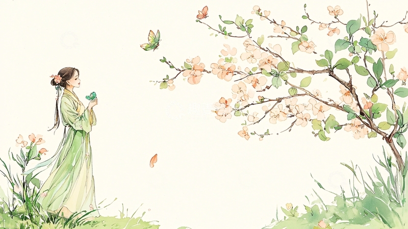 高清大图下载【趣麦麦图】古风女子赏花蝴蝶