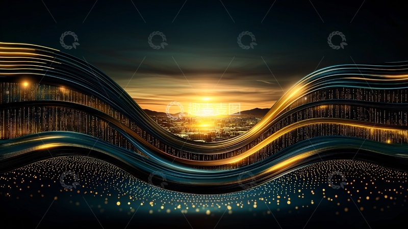 高清大图下载【趣麦麦图】抽象波浪中的金色日落