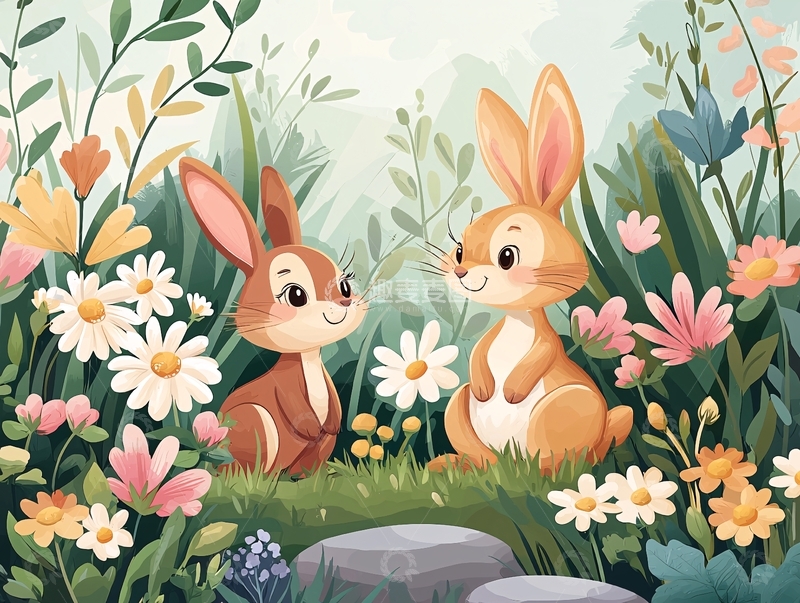 高清大图下载【趣麦麦图】两只小兔子在花丛中