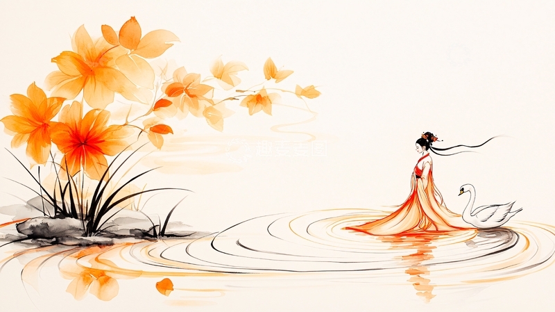 水面倒影的女子与花