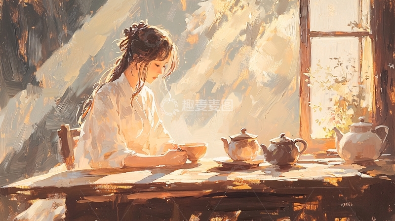高清大图下载【趣麦麦图】阳光下少女窗边喝茶
