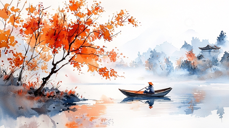 高清大图下载【趣麦麦图】秋日水墨画风小船