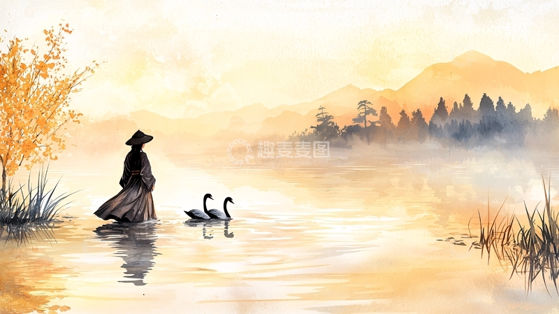 高清大图下载【趣麦麦图】水墨风女子与天鹅
