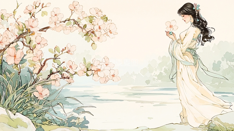 古风女子赏花水边
