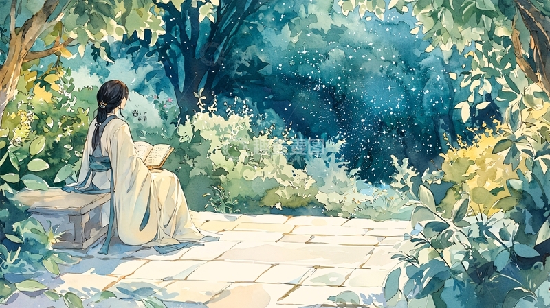 庭院读书的女子