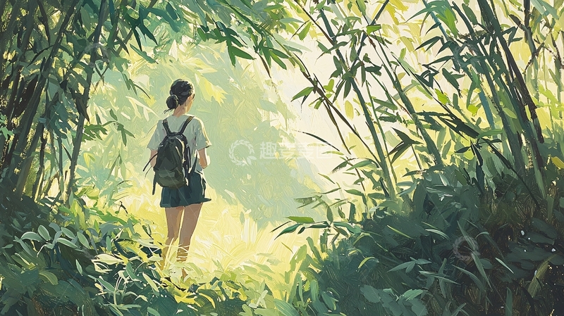 高清大图下载【趣麦麦图】竹林深处少女背影