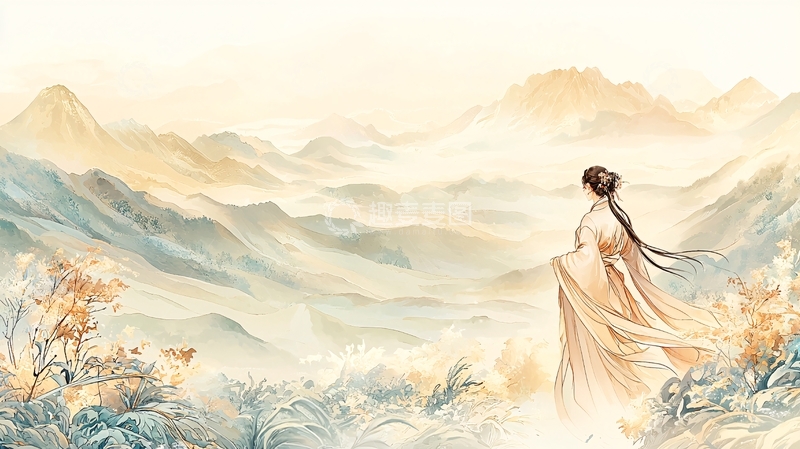 高清大图下载【趣麦麦图】背影女子观山水