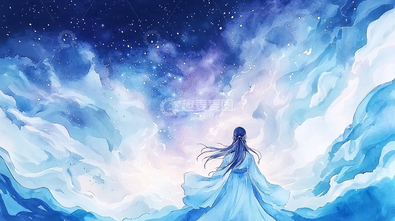 高清大图下载【趣麦麦图】少女背影仰望星空