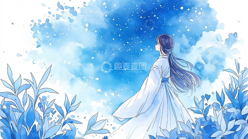 高清大图下载【趣麦麦图】白衣少女仰望星空