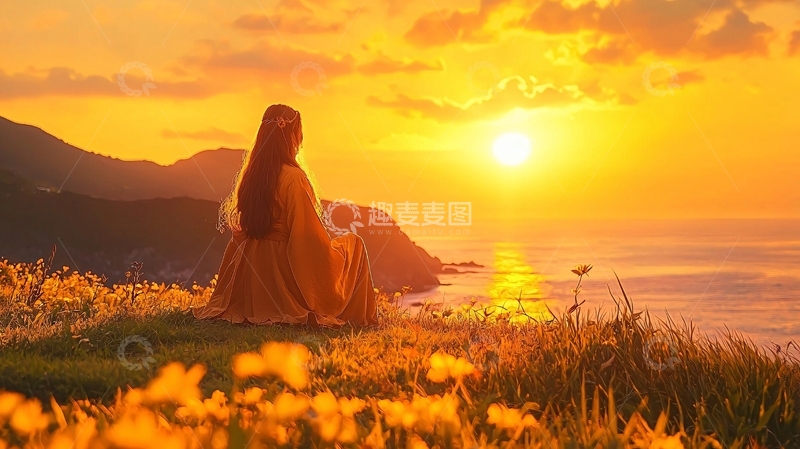 高清大图下载【趣麦麦图】金色日落下的女性剪影