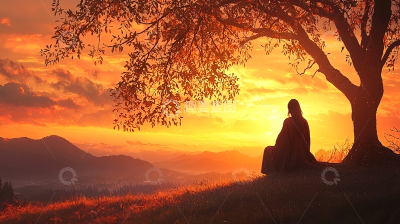 高清大图下载【趣麦麦图】日落树下冥想的人