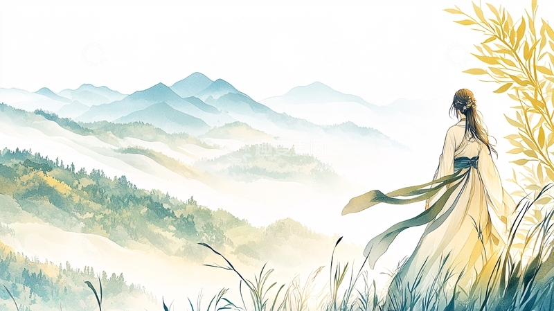 高清大图下载【趣麦麦图】女子望山水远方意境图