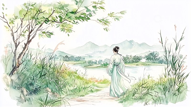 水墨风格女子观景图