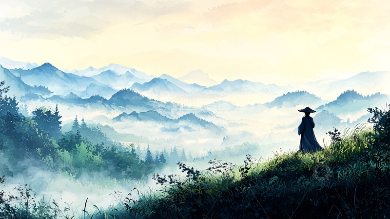 高清大图下载【趣麦麦图】-山水墨画中的孤独身影