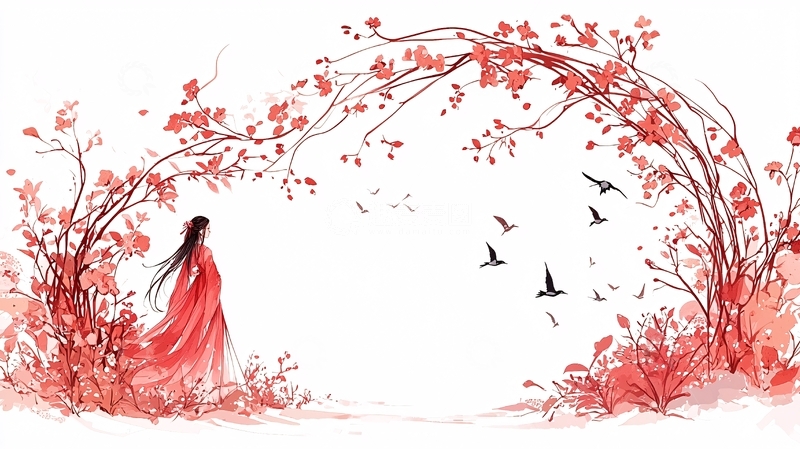 红衣女子树下仰望飞鸟