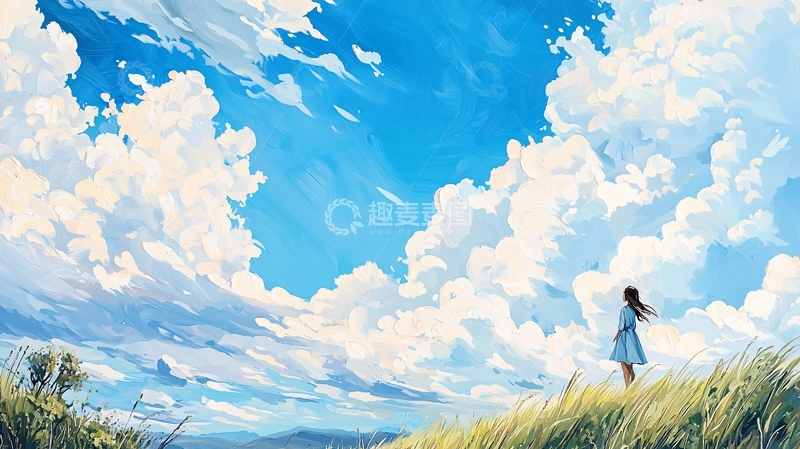 高清大图下载【趣麦麦图】蓝天白云下的少女背影