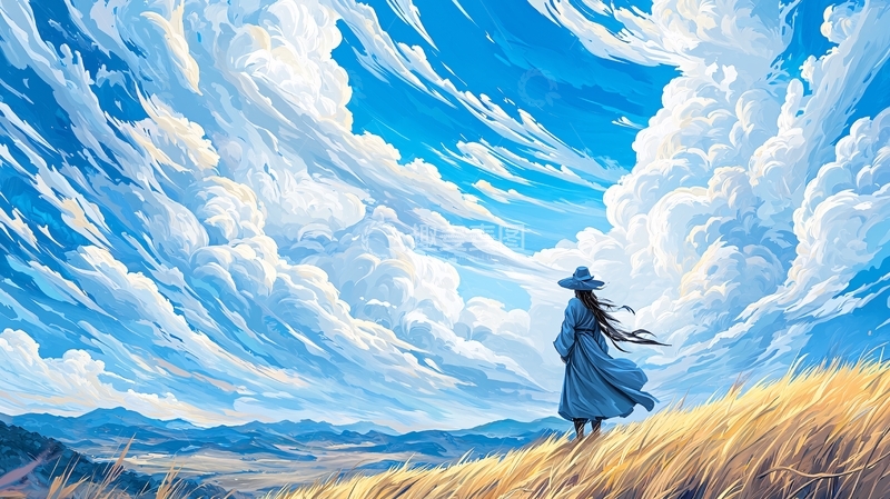 高清大图下载【趣麦麦图】背影女孩仰望壮丽云层