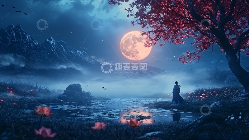 高清大图下载【趣麦麦图】月夜湖边独自赏景的东方意境