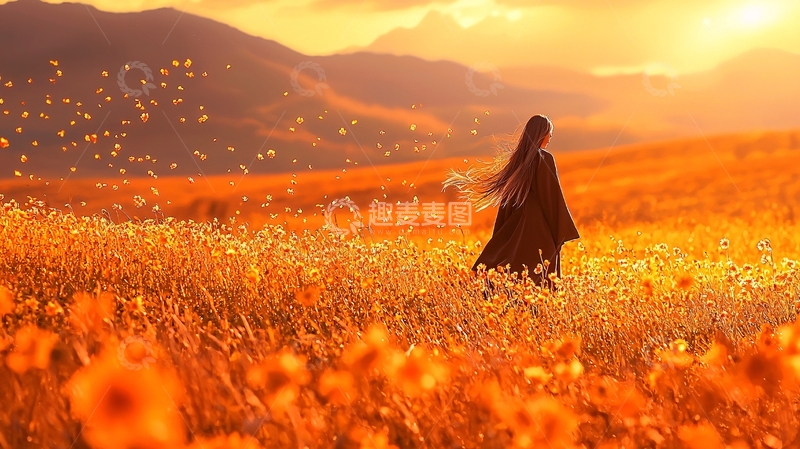 高清大图下载【趣麦麦图】金黄色田野中孤单的背影
