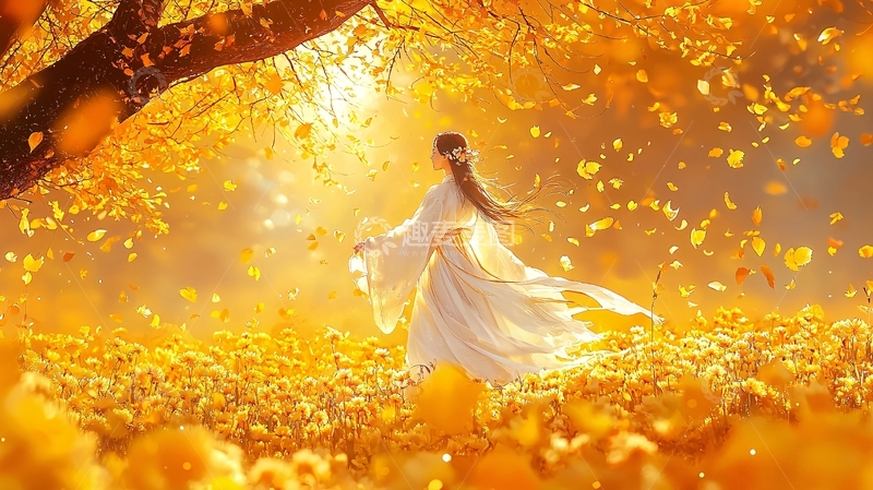 高清大图下载【趣麦麦图】秋日金色背景下的白衣女子