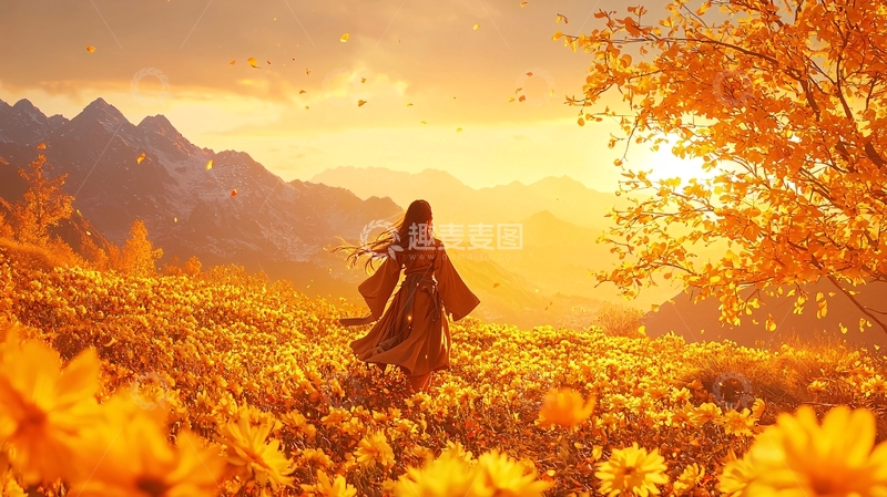 高清大图下载【趣麦麦图】女子背影走向夕阳花海