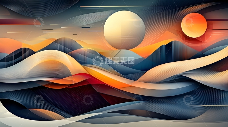 高清大图下载【趣麦麦图】抽象山海日月