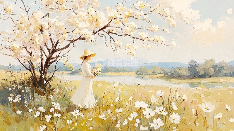 高清大图下载【趣麦麦图】田园风光中的白裙少女