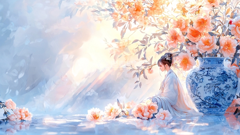 高清大图下载【趣麦麦图】水边少女与花