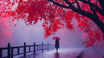 雨中红叶下的孤独身影