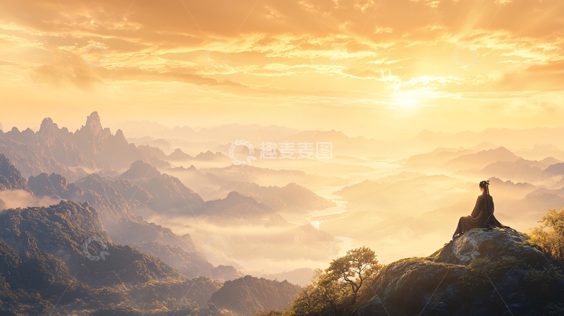 高清大图下载【趣麦麦图】日出山顶冥想背影