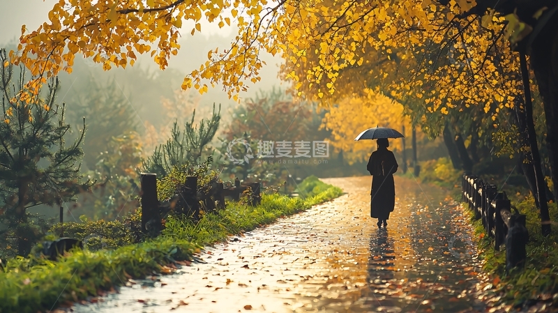 高清大图下载【趣麦麦图】雨后秋景小路行人