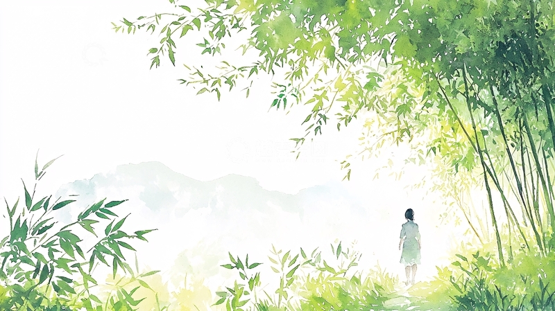 高清大图下载【趣麦麦图】水墨风竹林中的人物背影