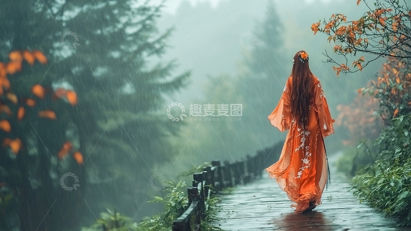 高清大图下载【趣麦麦图】红衣女子雾中漫步