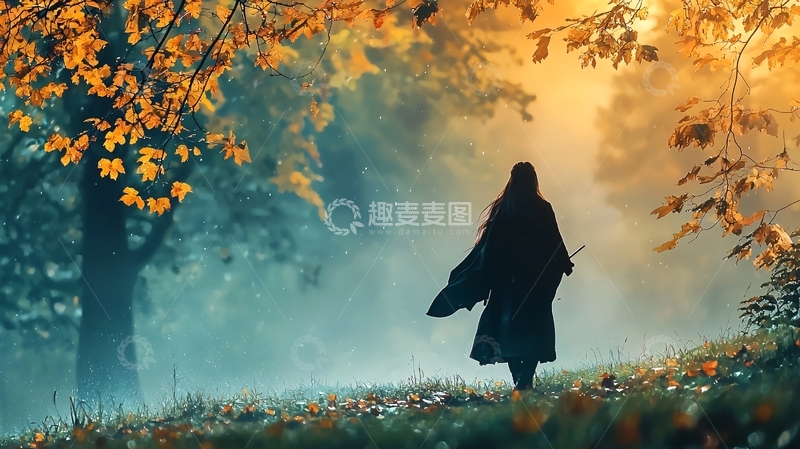 高清大图下载【趣麦麦图】森林里孤独行走的女子