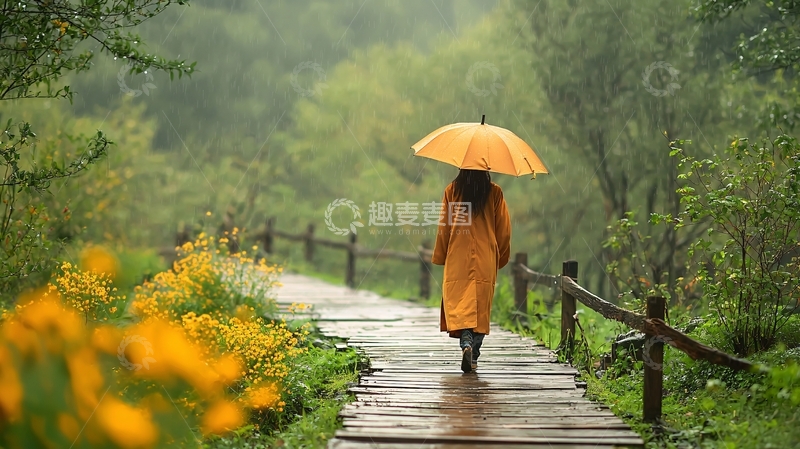 雨中撑伞的女子背影