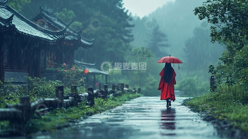 高清大图下载【趣麦麦图】雨中红衣女子背影