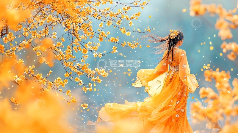 高清大图下载【趣麦麦图】女子背影在金黄色花树下