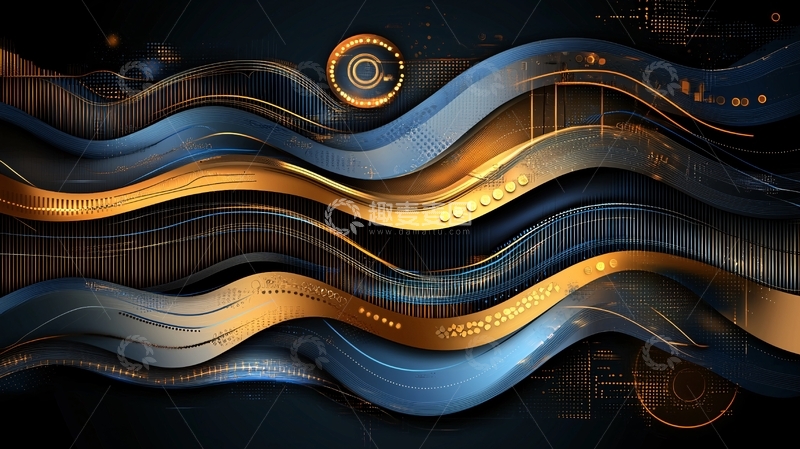 高清大图下载【趣麦麦图】金色蓝色交织的抽象波浪