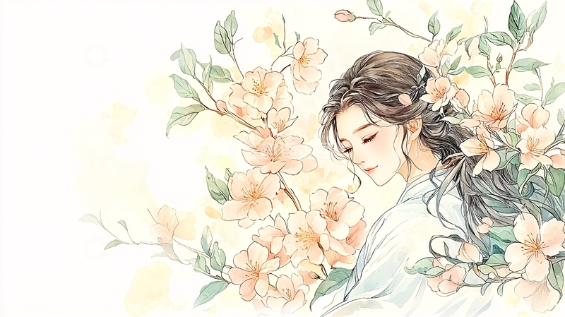 女子与淡雅花朵的唯美意境