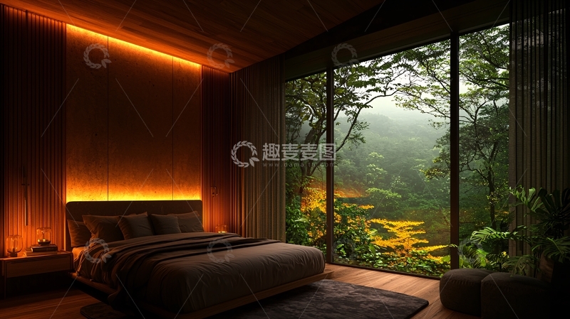 高清大图下载【趣麦麦图】卧室落地窗外热带雨林