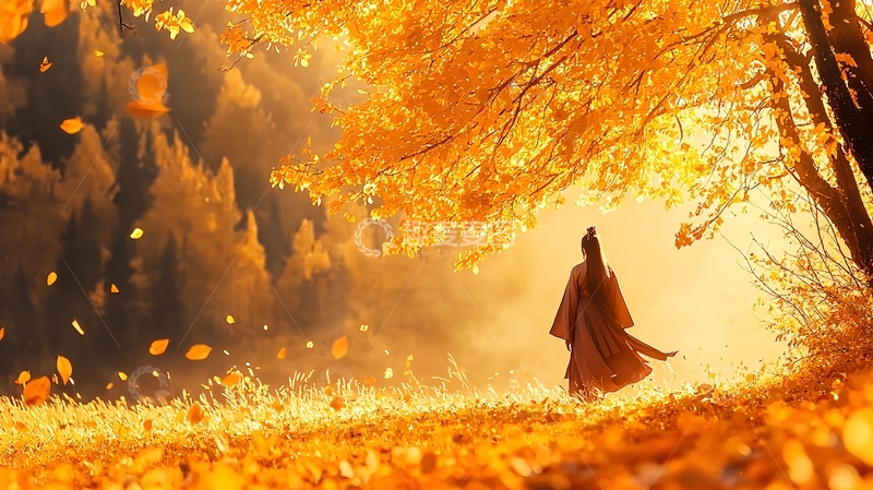高清大图下载【趣麦麦图】秋日树林中的孤独背影