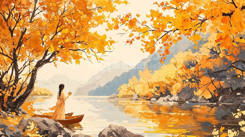 高清大图下载【趣麦麦图】秋日湖畔女子划船