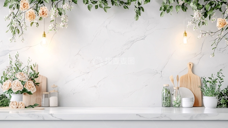 高清大图下载【趣麦麦图】白色大理石台面上的花卉静物