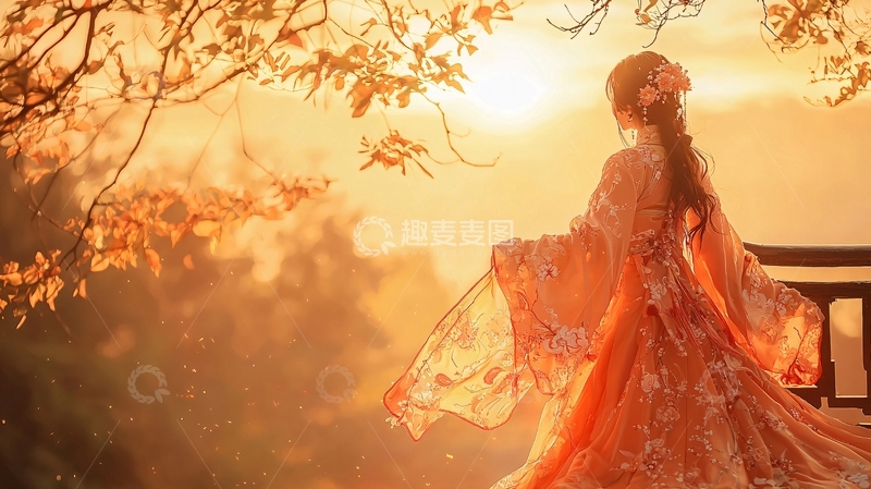 高清大图下载【趣麦麦图】夕阳下穿汉服的女子背影