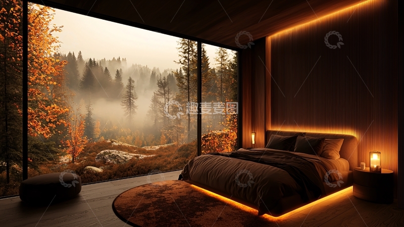 高清大图下载【趣麦麦图】室内卧室窗外森林景色